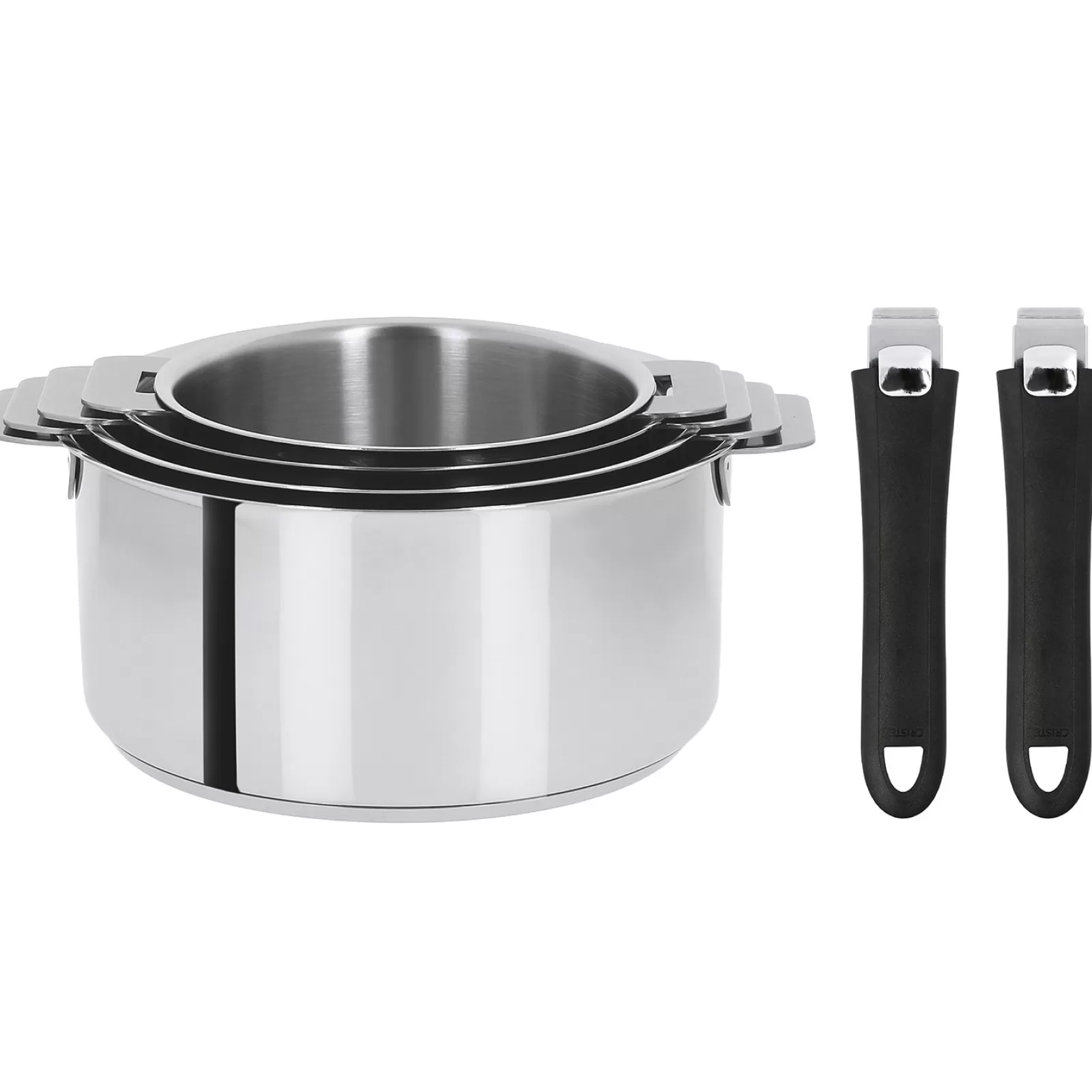 CRISTEL Set de 4 casseroles inox + 2 poignées amovibles colorées